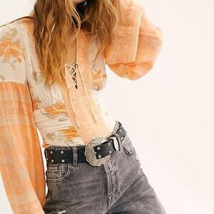 Free People Byron Bay Nights $148 Peach Bohemian Hippie Floral Lace-Up Blouse XL